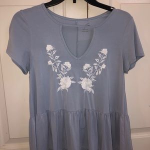 Baby Blue Floral Embroidered Short Sleeve Blouse